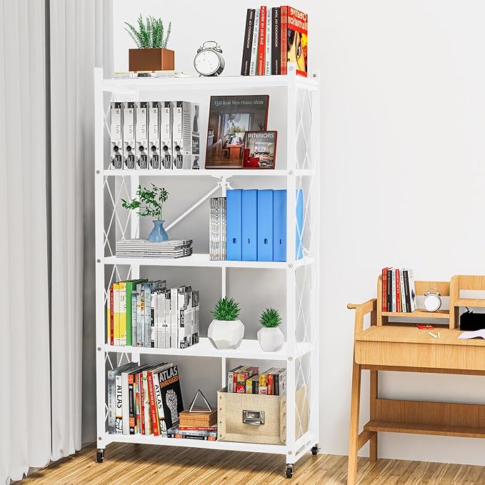5-Tier Foldable Storage Shelf with Wheels | Metal Rack Collapsible Shelving Display | Rolling Cart for Books Kitchen Storage Shelves | Pantry & Closet Organizer | Office Room Decor
