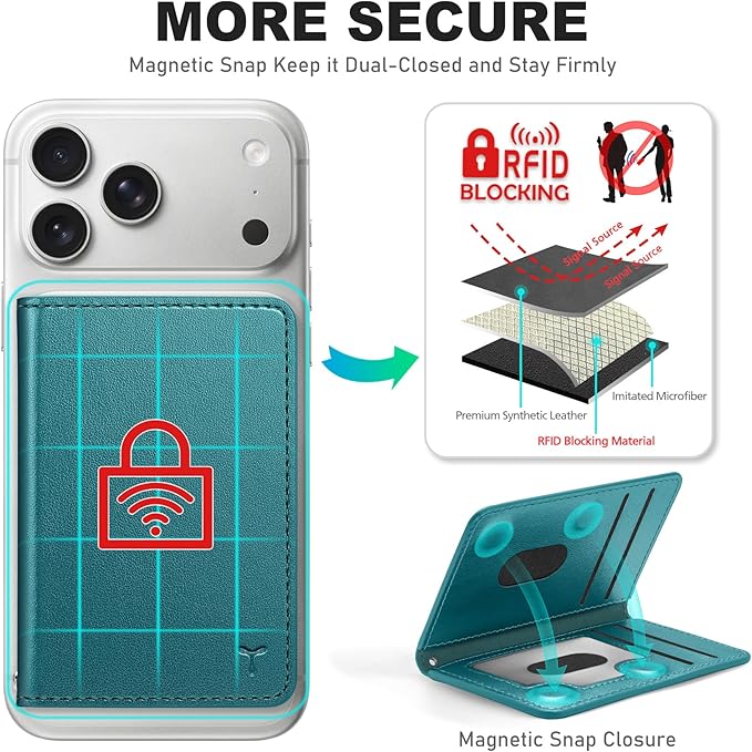 TUCCH for Magsafe Wallet with 6 Card Holders, RFID Blocking [Clear ID Window] PU Leather Folio Magnetic Phone Wallet for iPhone 17/16/15/14/13/12/Plus/Air/Pro/Pro Max Series, Teal Green