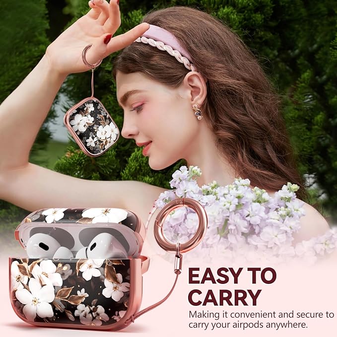 Inesore for AirPods Pro 2nd Generation Case Cover with Lock, Flowers Cute Air Pods Pro 2 Case Hard iPod Pro Cases for Women Girls with Cleaner Kit (2023 USB-C /2022/2019) -Black Gold Flower