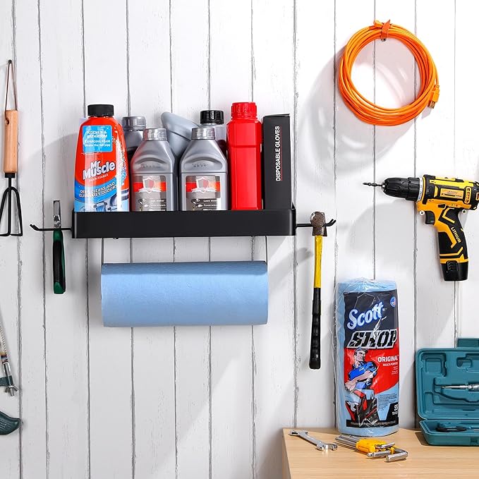 YIGII Garage Paper Towel Holder with Shelf - Wall Mount Papertowel Holder with 4 Hooks, Single-Hand Tear Paper Towel Rack Heavy Duty Tissue Holder for Clean Station, Craft Room, Workbench (Black)