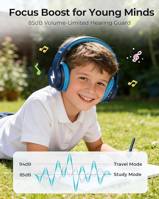 seenda Kids Bluetooth Headphones, JCH-01 Kids Wireless Headphones for School, 85/94dB Volume Limited, 45H Playtime, 3 Lighting Modes, Built-in Mic Headset with Aux Cord for iPad/Tablet, Dark Blue
