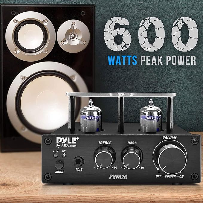 Pyle Bluetooth Tube Amplifier Stereo Receiver - 600W Home Audio Desktop Stereo Vacuum Tube Power Amplifier Receiver w/ 2 Vacuum Tubes, AUX/MP3/Microphone Inputs, Pure Copper Speaker Output - PVTA20
