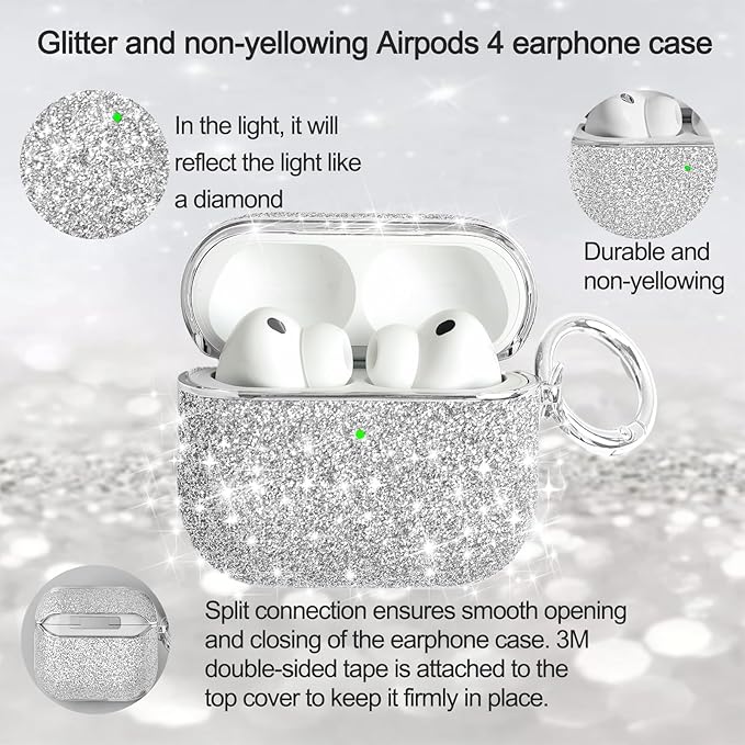 for Cute Glitter AirPods 4 Case for Women| Bling Hard Airpod iPods 4 Cases | with Keychain | Sparkly Rhinestone Air Pods 4 Generation Case for Women Girl-Model A3058/A3059(White)