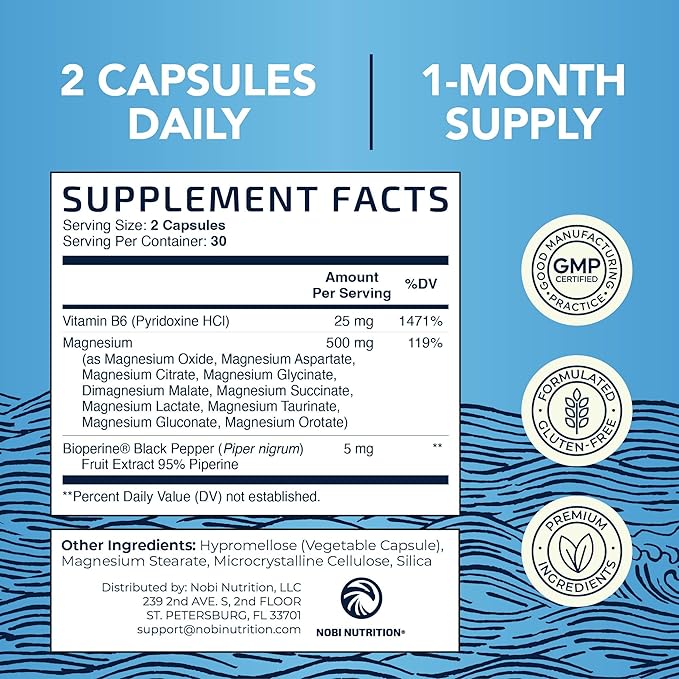 10 in 1 Magnesium Complex Supplement 500MG | Magnesium Citrate, Mag Glycinate, Malate & More | High Absorption Mag Complex with Vitamin B6 | Bone, Muscle & Heart Health Support | Non-GMO | 60 Ct.