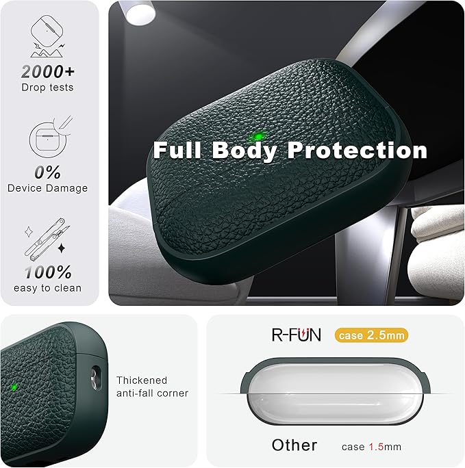R-fun for AirPods Pro 3 Case 2025, Soft TPU (Leather-Like Design) Drop Protection Cover for Men and Women with Lanyard and Cleaner Kit, Compatible with Apple AirPods Pro 3rd Generation-Green