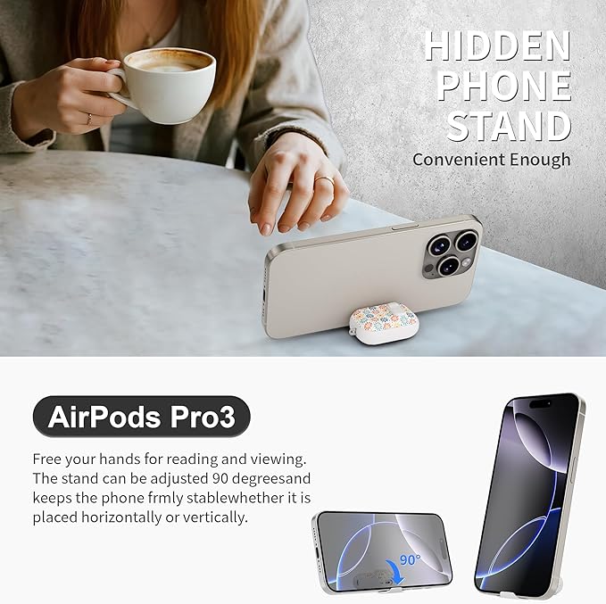 for AirPods Pro 3 Case(2025) with Secure Lock Clip and Phone Stand,Floral Girly Style Protective Cover with Cleaning Kit and Hand Strap for Apple AirPod Pro 3 Generation (Sun Petals)