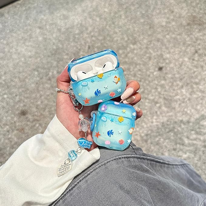 Compatible with AirPods 4 Case Soft TPU with Cleaner Kit Creative Cute Fish Star Keychain Shockproof Cover for Airpods 4th Generation(2024) -Blue