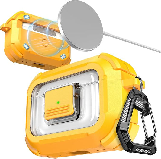 RFUNGUANGO for AirPods Pro 2 Case, Compatible with AirPods Pro 2nd/1st Generation Case, Compatible with MagSafe, Magnetic Automatic Lock with Cleaner Kit and Keychain, Front LED Visible, Yellow