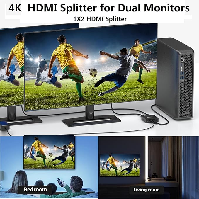4K 1x2 HDMI Splitter1 in 2 Out, 2 Port Powered hdmi Splitters 4K@30Hz Dual Monitors Duplicate/Mirror (Not Extend) for PS4 /HDTV/Projector