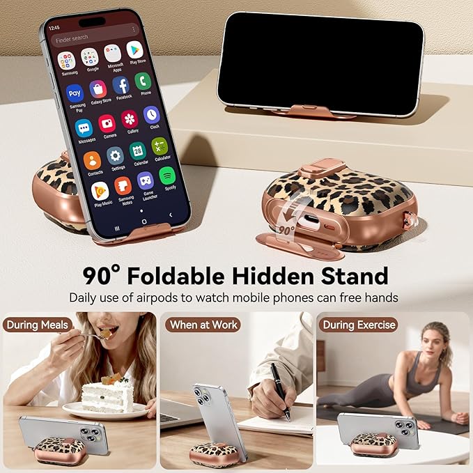 for AirPods Pro 3 Case 2025, with Safty Lock & Phone Stand for Floral AirPods Pro 3 Generation Case Cover for Women Girly, iPod Pro 3 Case with Keychain & Cleaner Kit - Leopard Print