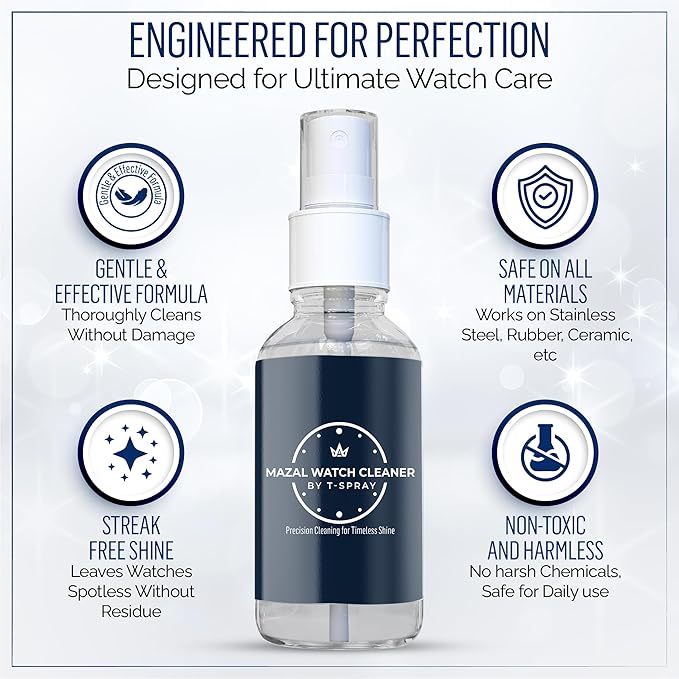 Mazal Watch and Jewelry Cleaner Spray kit. Cleaning Solution -Safe on All Metals, Crystals, Gold, Platinum, Precious Gemstones, Diamond Jewelry- Quick, Long Lasting Shine- TSA Approved 2oz