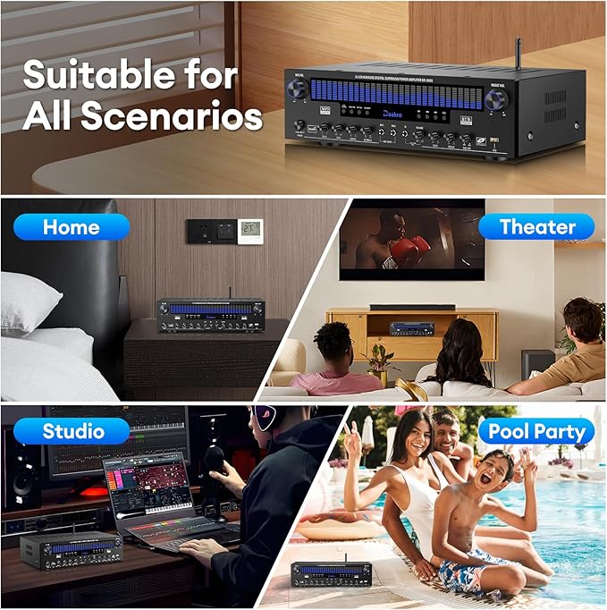 Stereo Receivers Home Audio Amplifier w/DSP Display,300W Rated Power 5.1 Channel Bluetooth Receiver,Home Amp w/BT/CD/DVD/AUX/USB/BT/FM/Opt/COA/MIC for Home/Studio/Theater Passive Speakers
