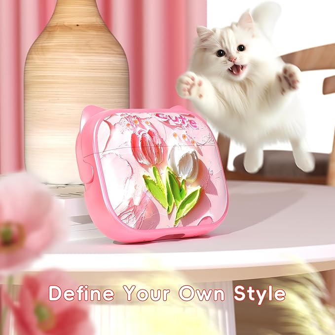 for AirPods Pro 2 Case with Cleaning Kit, Cute Cat Ear Print Design & Cute Buckle for Girls, Phone Holder & Top Safe Lock Buckle Design for AirPods Pro 2nd/1st Gen case, Tulip