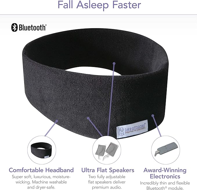 SleepPhones Wireless Sleep Headphones by AcousticSheep V8 | 24-Hour Battery | Original and Most Comfortable Bluetooth Headphones for Sleeping (Large, Pitch Black Breeze)