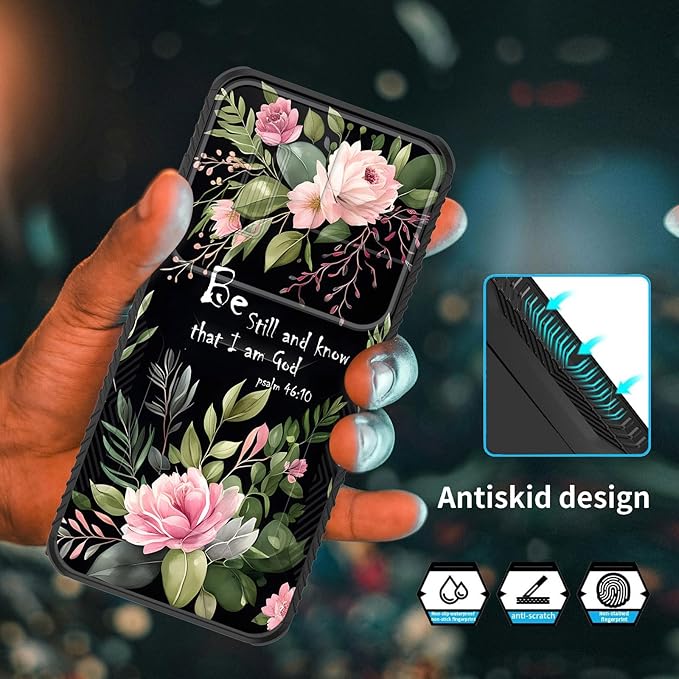 for Galaxy S24 FE Case Built in Slide Camera Lens Cover,Heavy Duty Shockproof Protection Dual Layer Case for Samsung Galaxy S24 FE 5G 6.7" 2024,Flower Bible Verse Psalm 46:10