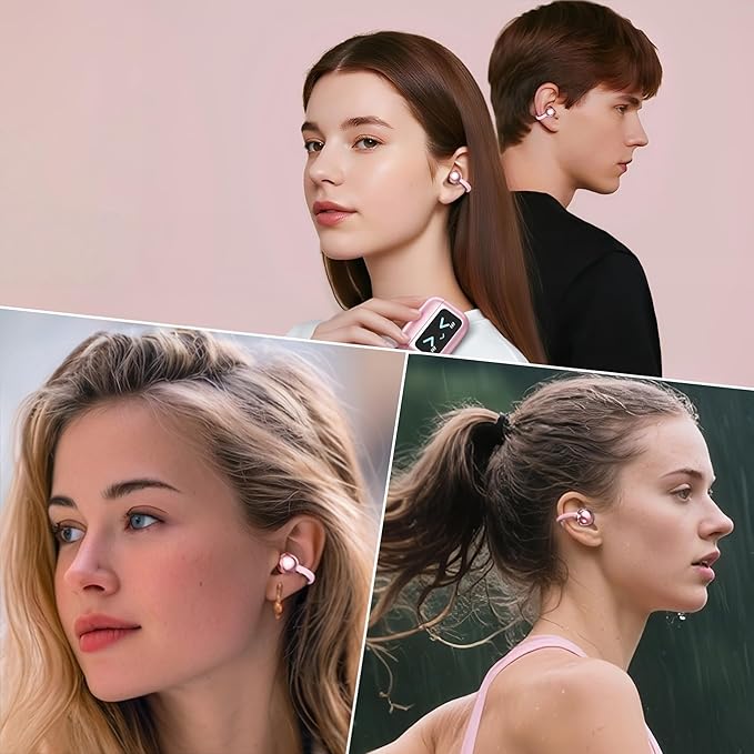 Open Ear Earbuds,Clip On Earbuds Wireless Bluetooth 6.0 with LCD Touchscreen, Lightweight Comfort Bone Conduction Headphones for Sports, Fitness, and Workouts, Rose Gold