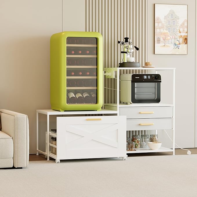 Mini Fridge Stand with Storage, Farmhouse Fridge Cabinet with Power Outlet & Movable Drawers, Microwave Oven Stand with Wheels, Kitchen Bakers Rack for Home Bar Office, White