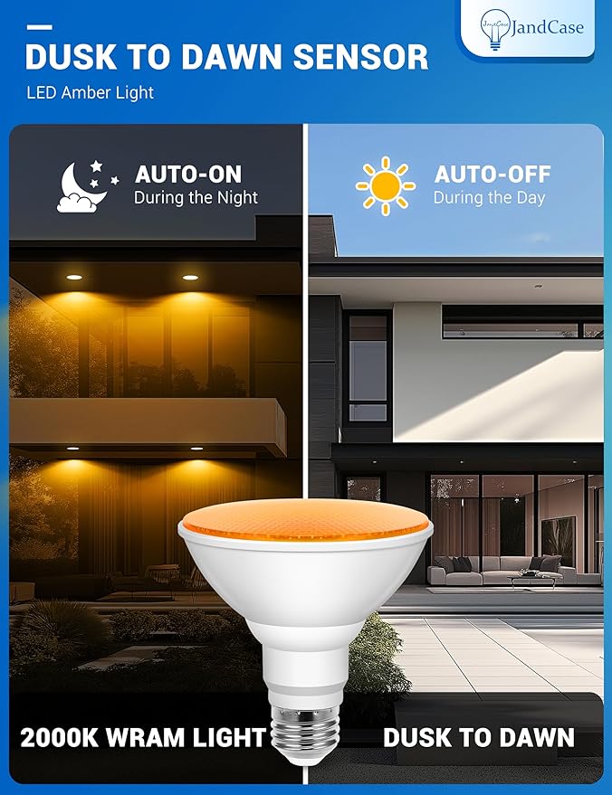 JandCase Bug Light Bulbs, Dusk to Dawn Bug Light Bulbs for Outside, 11W Yellow Bug Light Bulbs Outdoor, 100Watt Equivalent PAR30 Flood Light Bulbs for Porch Patio Courtyard, Non-Dimmable, 2 Pack