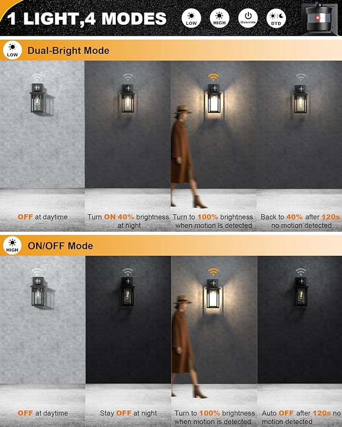 Motion Sensor Dusk to Dawn Outdoor Light, 4-Modes Adjustable Black Exterior Lighting Fixture, Waterproof Outside Wall Mount Lantern for Home, Entry, Backyard, Patio, 120V