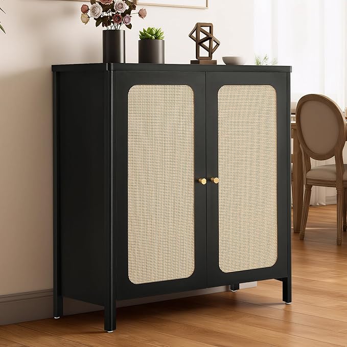 Rattan Sideboard Buffet Cabinet 2 Door Boho Kitchen Storage Cabinet Accent Console for Living Room, Hallway, Kitchen, Sideboard, Buffet Table Black