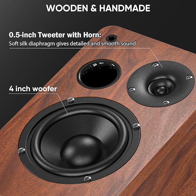 Saiyin Bluetooth Bookshelf Speakers, 40W X 2 Powered TV Speakers with 4 Inch Woofer, Turntable Speakers with Optical/AUX Input/Subwoofer Line Out for PC and TVs