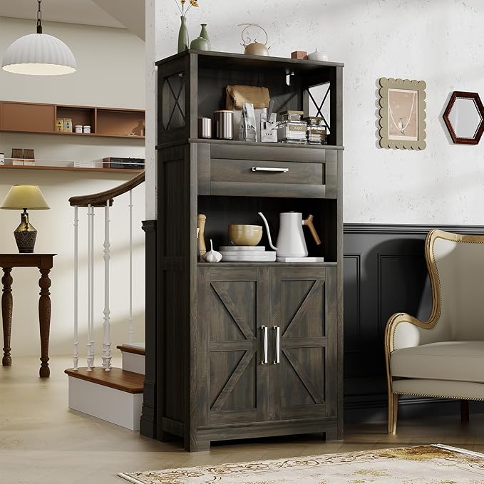 55" Tall Kitchen Pantry Cabient with 2 Microwave Stands, Farmhouse Pantry Storage Cabinet with Barn Doors and Large Drawer, Rustic Freestanding Cupboard for Kitchen and Dining Room (Dark Grey)