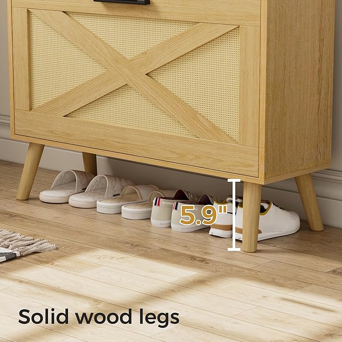 32" W Farmhouse Shoe Storage Cabinet with 2 Flip Drawers and Barn Door Design, Adjustable Shelves, Hidden Slim Narrow Shoe Rack Cabinet for Entryway, Foyer, Hallway, Living Room, Natural
