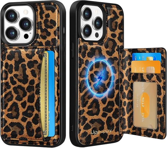 for iPhone 13 Pro Case with Wallet - Fits 4 Card Slots, Compatible with MagSafe for Women Aesthetic Durable PU Leather Credit Card Holder Kickstand Phone Cover for Apple 13 Pro, Leopard