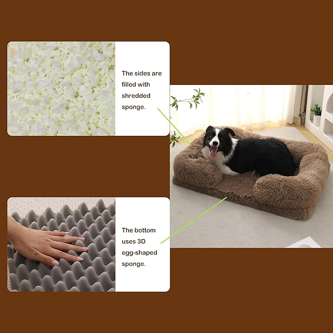 Orthopedic Dog Bed for Medium Dogs - Washable Memory Foam Pet Sofa, Fluffy Plush Rectangular Bed, Waterproof Anti-Anxiety Couch, Khaki, M