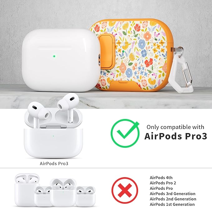 for AirPods Pro 3 Case(2025) with Secure Lock Clip and Phone Stand,Floral Girly Style Protective Cover with Cleaning Kit and Hand Strap for Apple AirPod Pro 3 Generation (Sunshine Petals)