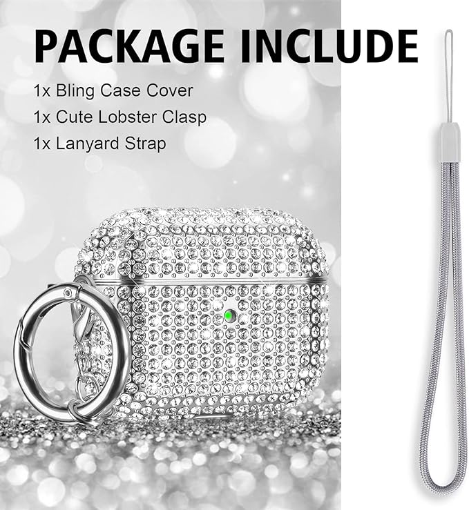 Case for AirPods Pro 2nd Generation, Filoto Cute AirPod Pro 2 Protective Case Cover for Women Girls, Bling Crystal PC Apple Air Pods Pro Cases Accessories with Lobster Clasp Keychain, Silver