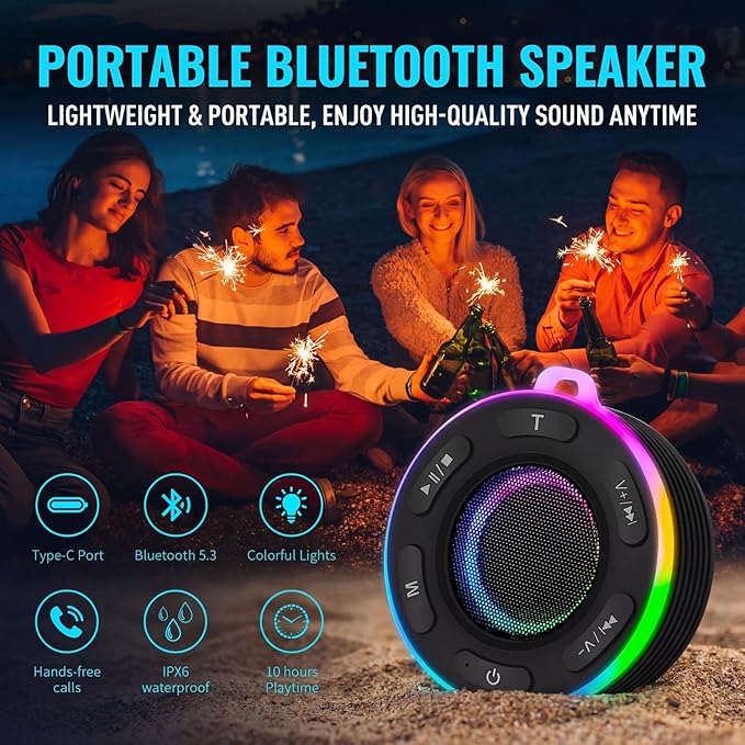 Portable Bluetooth Speaker with vibrant led lights, IPX6 Waterproof, Loud Stereo Sound,Hands-Free Calling/Radio, for Shower, Beach, Outdoors, Over 10 H Playtime, Mini/Small, Suction Cup & Hook