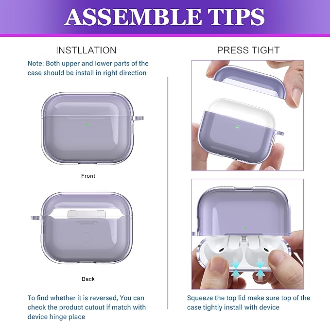 for AirPods Pro 3 Clear Case 2025, Military-Grade Shockproof, Soft TPU Highly Transparent Anti-Yellowing for AirPods Pro 3 Case with Cleaning Kit & Cute Round Buckle, Clear Purple