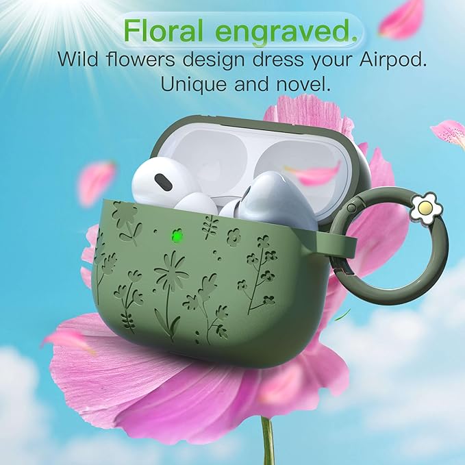 for AirPods Pro 3 Case (2025) DamonLight Floral Engraved Shockproof Protective Soft Silicone Case Cover with Cleaning Pen and Floral Keychain for Apple Airpods Pro 3rd Generation (Olive Green)