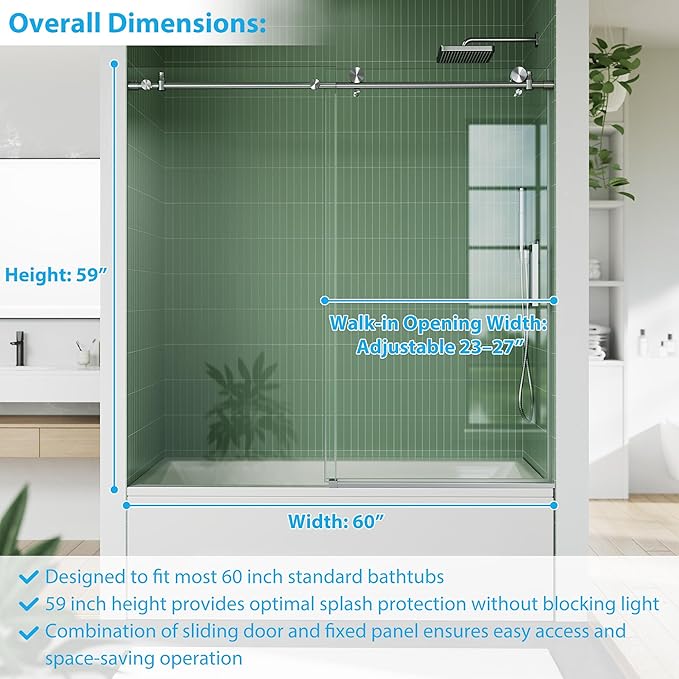 Shower Door 60" W x 59" H, Sliding Glass, 5/16"(8mm) Tempered Glass, Easy-Clean & Durable Bathroom Door with Hardware Kit