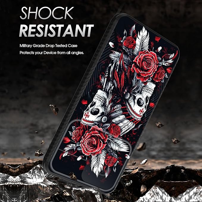 for Galaxy A36 5G/A56 5G Case Built in Slide Camera Lens Cover,Heavy Duty Shockproof Protection Dual Layer Case for Samsung Galaxy A36 5G/A56 5G 6.7" 2025,Skull Art with Feathers and Roses