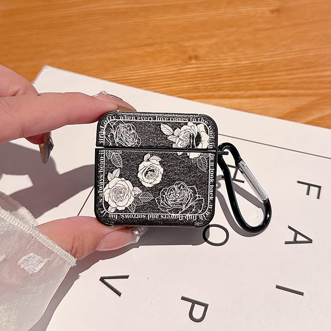 for AirPod 4 Case for Women Girls Cute Retro Flower Design with Keychain PU Leather Squre Shockproof Protective Cover Compatible with AirPods 4th Gen Case (Retro Rose Black)