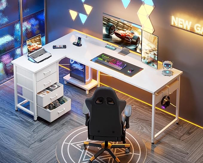 AODK L Shaped Desk with 4 Tier Drawers, 61" Reversible Gaming Desk with Power Outlets, L Shaped Computer Desk with USB Charging Port and Host Stand, Home Office Corner Desk, Easy to Assemble, White