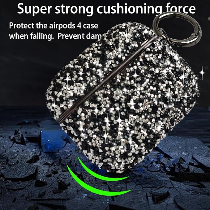 for Cute Glitter AirPods 4 Case for Women| Bling Hard Airpod iPods 4 Cases | with Keychain | Sparkly Rhinestone Air Pods 4 Generation Case for Women Girl- Model A3058/A3059(Blackwhite)