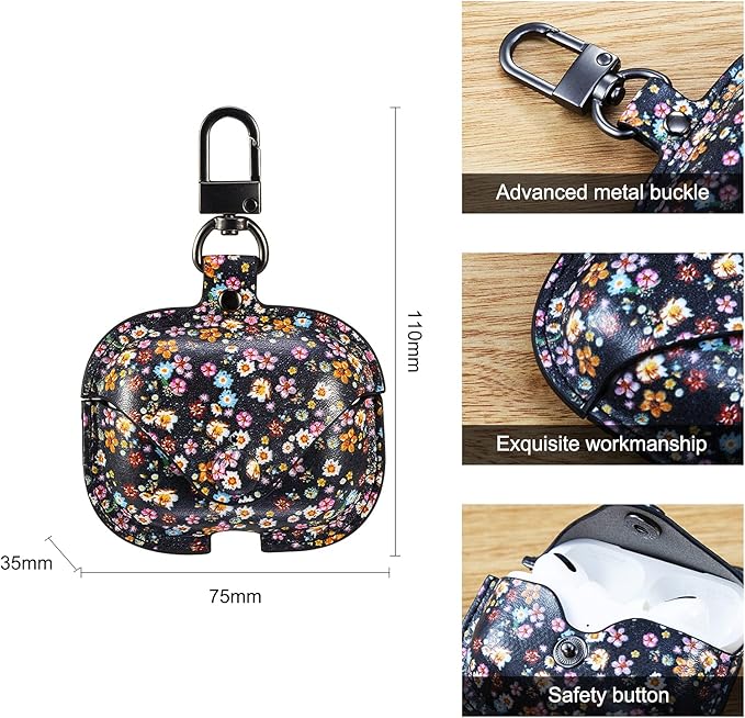 Genuine Leather Case Compatible with AirPods Pro Case 2nd/1st Gen (2023/2022/2019), VOMA Protective Cover for Apple AirPods Pro 2/Pro Wireless Charging Case with Keychain and Snap Lock Colorful Floral