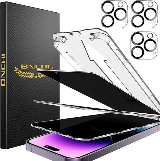 BNCHI 3 Pack for iPhone 14 Pro Max Privacy Screen Protector + 3 Pack Camera Lens Protector, Shatterproof Premium Tempered Glass, Auto-Dust Removal, 28°Anti Spy, 9H Full Coverage Tempered Glass Film