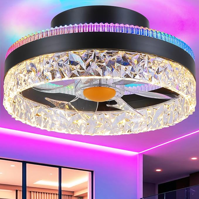 RGB Ceiling Fans with Lights Flush Mount - 13" Bladeless Small Fan Light with 6 Speeds, Reversible Motor, Modern Low Profile Ceiling Fan Light for Bedroom, Small Space, Party