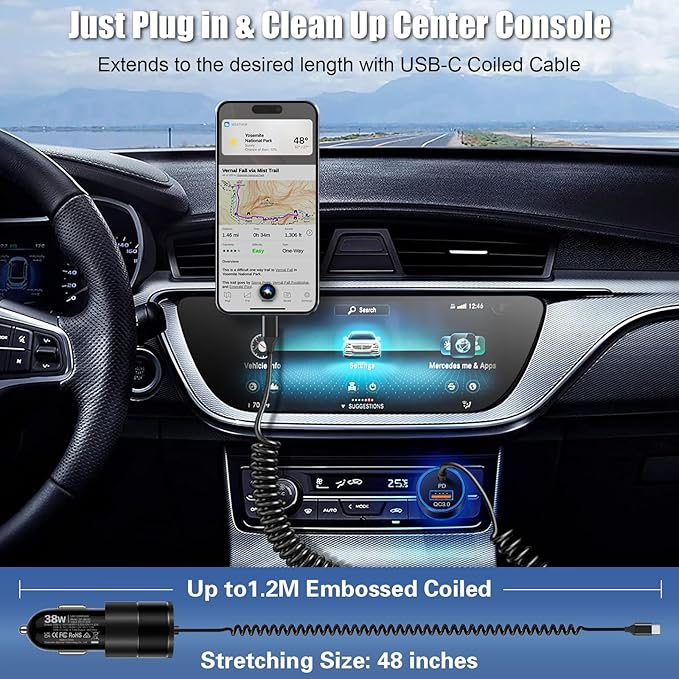2-Pack 38W Car Charger USB C for iPhone 16 Pro Max Plus, Dual-Port USB-C+USB-A Cigarette Lighter Adapter Fast Charging Phone Plug with 4FT Type C Coiled Cable for iPhone 17/16e/15/S25/S24, Pixel