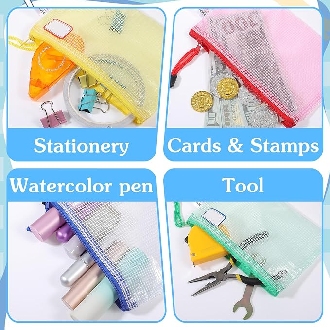 60 Pcs Mesh Zipper Pouch with 72 Labels, Plastic Clear Storage Bags Organizer Set for Travel, Jewelry, Crafts, Office Supplies - 5 Colors, 7.1x4.7 Inch