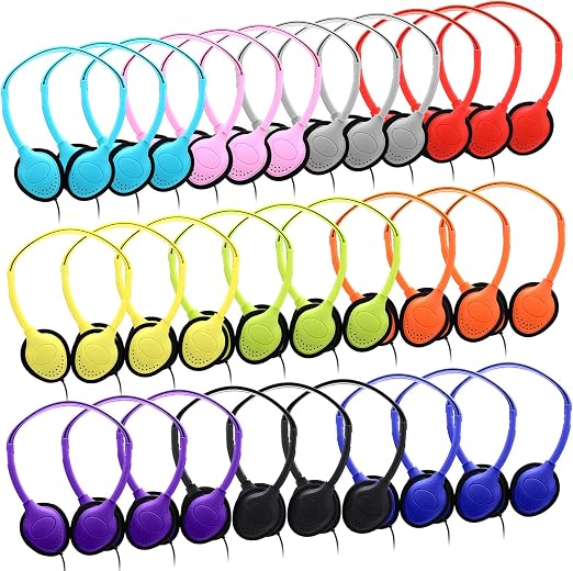 Yunsailing 30 Pack Over Ear Wired Headphones Bulk for School Classroom Student, Adjustable Headband with 3.5mm Jack, Lightweight Design Earphones for Classroom Learning and Testing (Multicolor)
