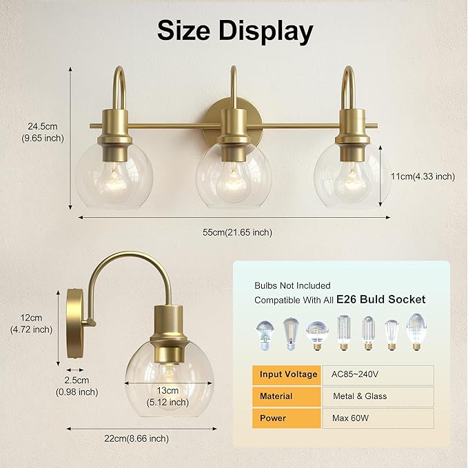 Bathroom Light Fixtures,Gold Vanity Light 3 Light Wall Sconces, Brushed Brass Lighting with Clear Glass Shades, Wall Mounted Mirror Lights for Kitchen, Bedroom, Hallway
