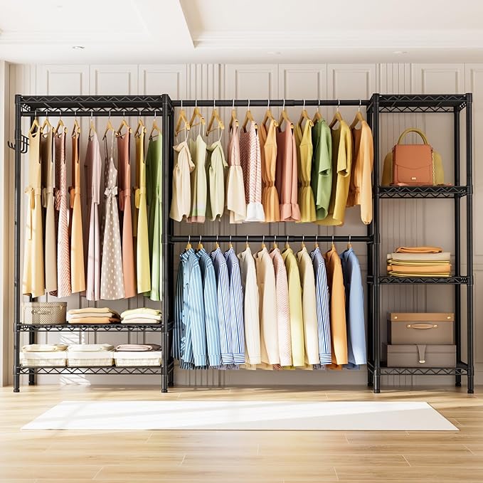 Expandable Heavy Duty Garment Rack Clothes Rack,Large Metal Closet Organizer System Storage Wardrobe,Freestanding Clothing Rack with 9 Adjustable Wire Shelves&3 Hang Rods,MaxLoad 1500lbs