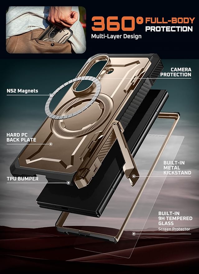 SUPCASE for Samsung Galaxy Z Fold 7 Case with Kickstand (UB Grip), [Built-in Tempered Glass Screen Protector] [Hinge Coverage] Military-Grade Protection Phone Case, Desert