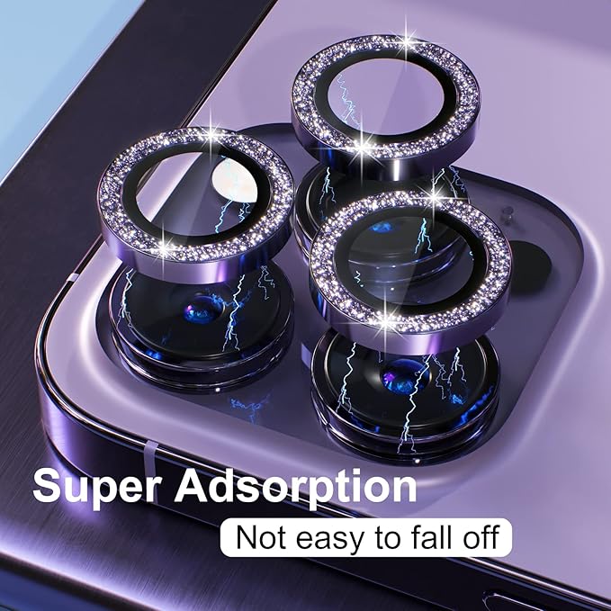Misea [3+1] for iPhone 14 Pro/iPhone 14 Pro Max Camera Lens Protector Bling, 9H Tempered Glass Camera Cover Screen Protector Metal Individual Ring Protector Decoration Accessories, Purple Glitter