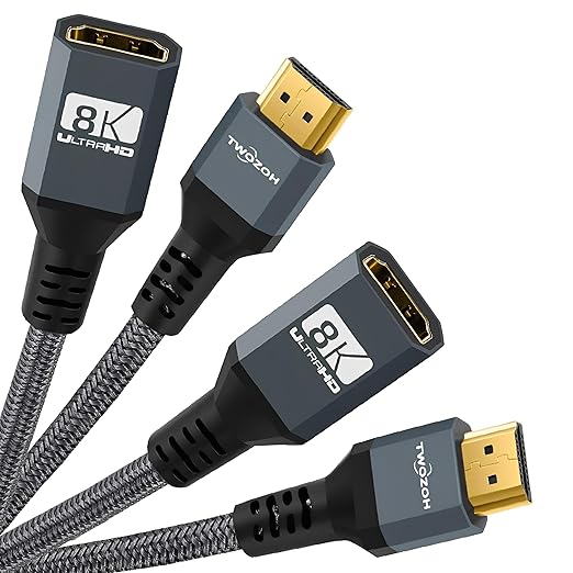 Twozoh 8K HDMI Extension Cable,2 Pack HDMI 2.1 Male to Female Cable, Nylon Braided HDMI Extender Cable Support 8K@60Hz 4K@120Hz 48gbps（3.3FT）